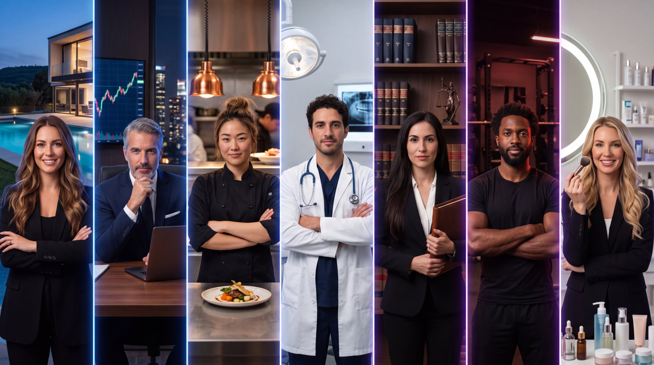 Seven AI spokespeople for seven businesses — real estate, finance, restaurant, medical, law, fitness and beauty — standing in their own workplaces.